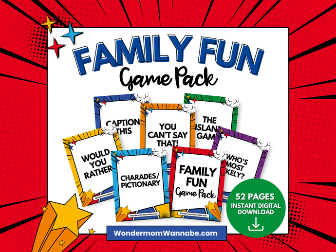 The Wondermom Shop Family Fun Game Pack features cards for games like Would You Rather, Charades, Who’s Most Likely, and includes a 52-page printable pack—ideal for parties and available as an instant digital download.