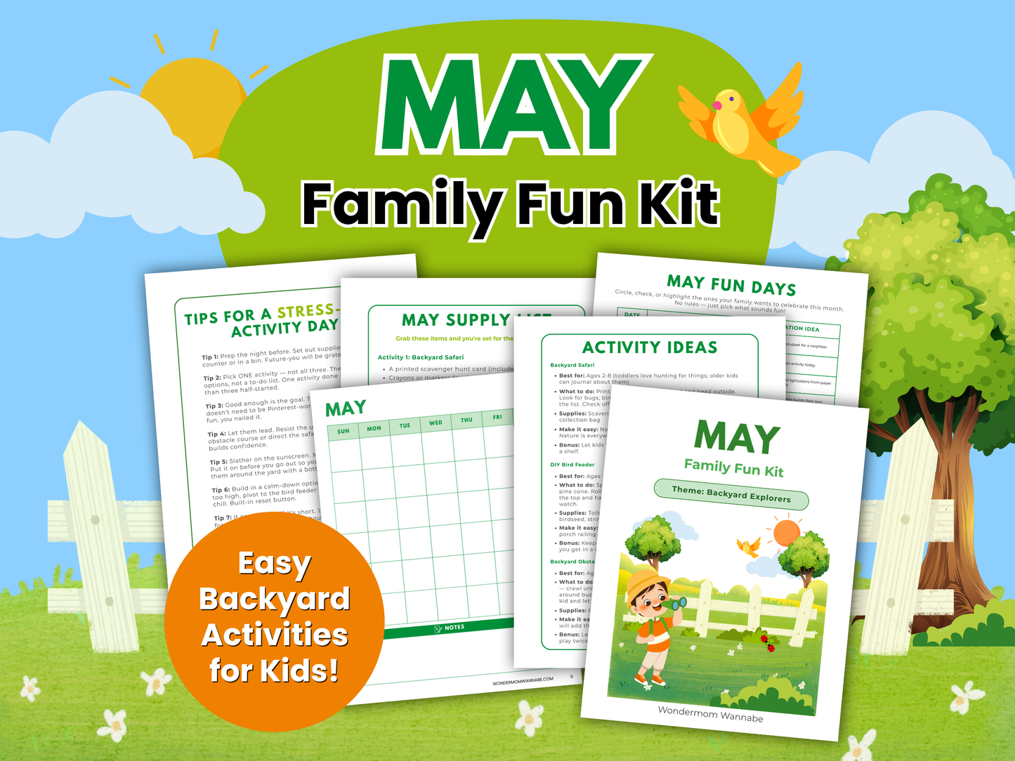 May Family Fun Kit cover image with printable backyard activity pages for kids and families.