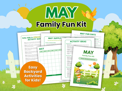 May Family Fun Kit cover image with printable backyard activity pages for kids and families.