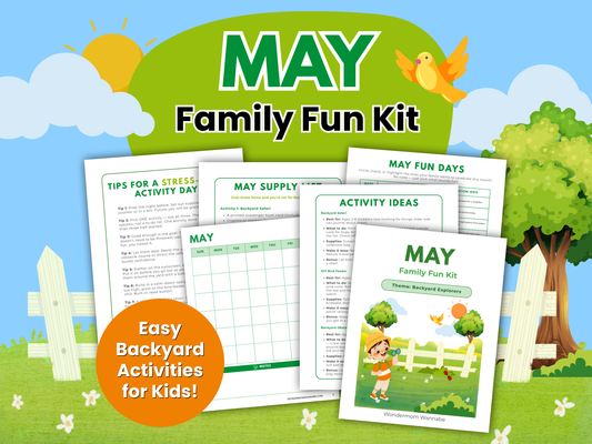 May Family Fun Kit cover image with printable backyard activity pages for kids and families.
