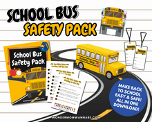 Load image into Gallery viewer, The School Bus Safety Printable Pack for Kids by Wondermom Shop features a booklet, checklist, ID tags, and school bus graphics—perfect for promoting bus and classroom safety. Great printable activity pack for back-to-school organization and readiness.

