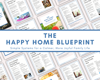 A flat lay of printed pages from Wondermom Shop’s "The Happy Home Blueprint: A Simple Guide to a Calmer, More Joyful Family Life," filled with tips to simplify routines and boost family happiness.