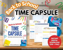 Load image into Gallery viewer, School Time Capsule by Wondermom Shop shown with school supplies and backpacks. This digital keepsake is perfect for the new school year. Instantly download in PDF and PNG formats.
