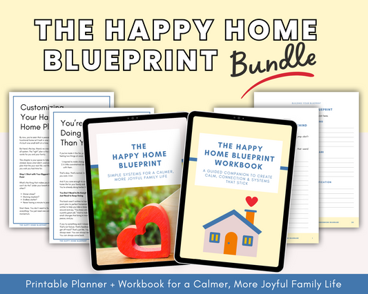 Image featuring "The Happy Home Blueprint Bundle: Book + Workbook Combo" by Wondermom Shop, with two tablets showing the planner and workbook covers. Printed pages and text highlight how this bundle simplifies your home.