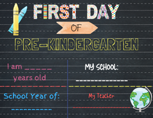 Load image into Gallery viewer, A Wondermom Shop chalkboard with the words First Day of School Signs.
