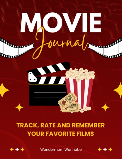 VIP Vault's Movie Journal comes with a cover adorned with a clapperboard, popcorn, and tickets and has the text "Track, rate and remember your favorite films," making it perfect for logging cherished movie nights set against red theater seats.