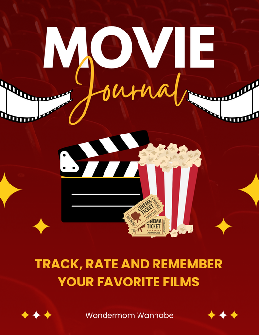 VIP Vault's Movie Journal comes with a cover adorned with a clapperboard, popcorn, and tickets and has the text "Track, rate and remember your favorite films," making it perfect for logging cherished movie nights set against red theater seats.