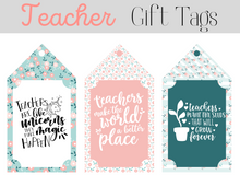 Load image into Gallery viewer, A set of Wondermom Shop teacher gift tags with the words teach the world the place.

