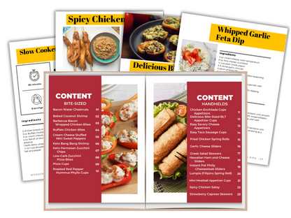 The Appetizers & Dips Cookbook by Wondermom Shop showcases recipes like stuffed peppers, sandwiches, and chicken with titles such as "Spicy Chicken," "Slow Cooker," and "Whipped Garlic Feta Dip," ideal for creating handheld favorites and bite-sized appetizers.