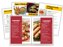 Load image into Gallery viewer, The Appetizers &amp; Dips Cookbook by Wondermom Shop showcases recipes like stuffed peppers, sandwiches, and chicken with titles such as &quot;Spicy Chicken,&quot; &quot;Slow Cooker,&quot; and &quot;Whipped Garlic Feta Dip,&quot; ideal for creating handheld favorites and bite-sized appetizers.
