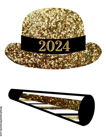 A printable VIP Vault New Year's Eve Party Planning Kit and a gold glitter baton for party planning.
