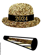 Load image into Gallery viewer, A printable VIP Vault New Year&#39;s Eve Party Planning Kit and a gold glitter baton for party planning.
