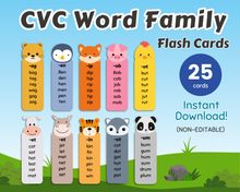Load image into Gallery viewer, Illustration of &quot;Printable CVC Word Family Flashcards&quot; featuring 25 cards with cute animal characters and word endings for phonics skills education from Wondermom Shop.
