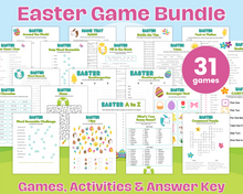 Load image into Gallery viewer, The Easter Game Pack by Wondermom Shop features 31 engaging activities, perfect for educational fun or parties. Enjoy word searches, mazes, and puzzles adorned with pastel colors and festive motifs.
