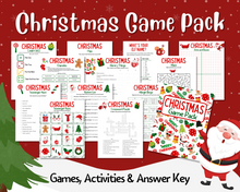 Load image into Gallery viewer, Introducing the Ultimate Printable Christmas Game Pack from Wondermom Shop, showcasing a delightful assortment of activity sheets such as crosswords, scavenger hunts, and Christmas trivia. Each sheet is adorned with cheerful backgrounds complete with Santa illustrations, making it the perfect choice for holiday games and festive fun!
