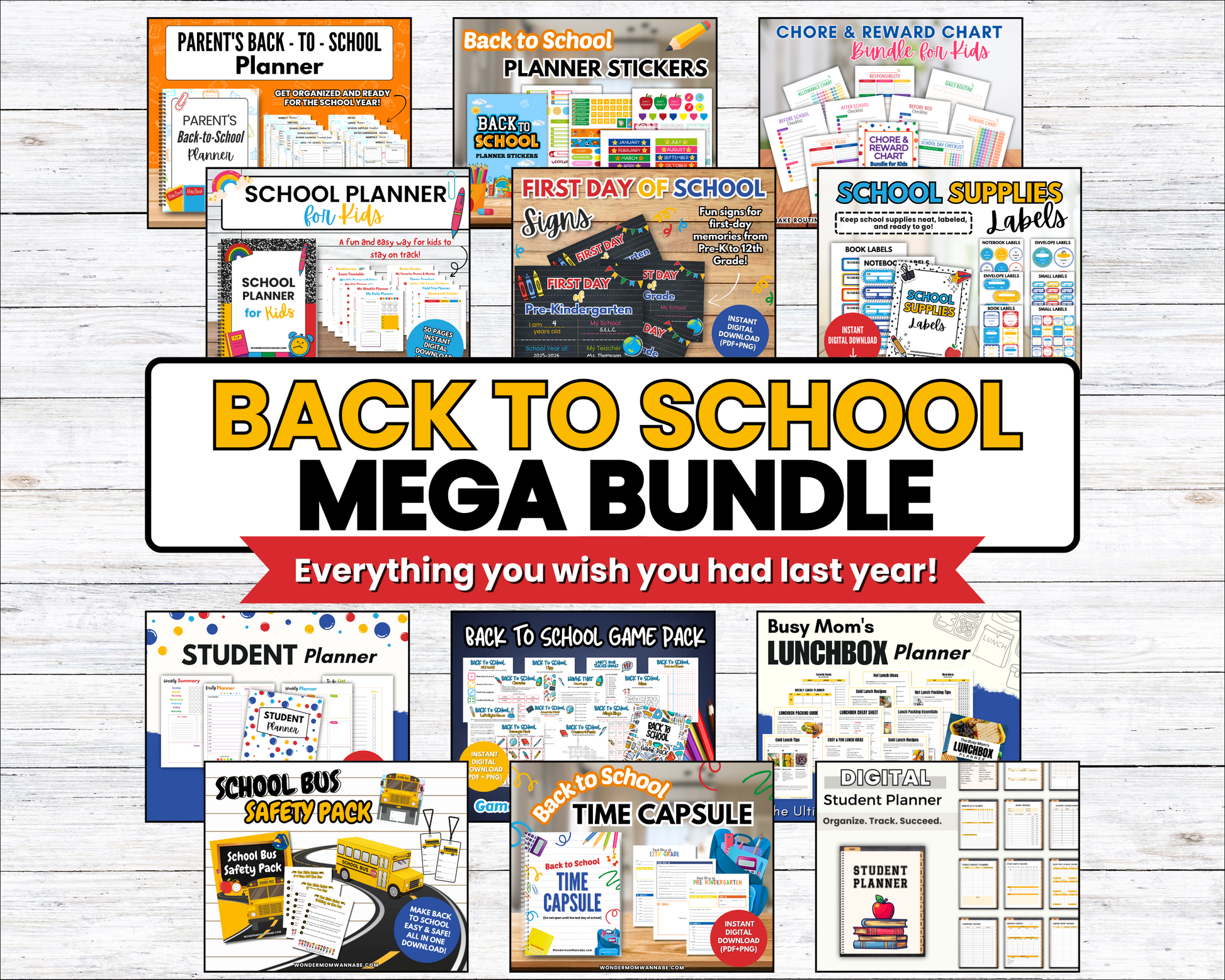 A collage of printable back-to-school planner, charts, signs, and checklists surrounds the text "The Ultimate Back-to-School Bundle for Busy Moms" by Wondermom Shop.