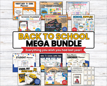 Load image into Gallery viewer, A collage of printable back-to-school planner, charts, signs, and checklists surrounds the text &quot;The Ultimate Back-to-School Bundle for Busy Moms&quot; by Wondermom Shop.

