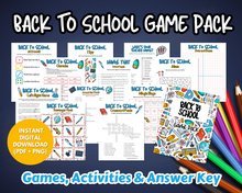 Load image into Gallery viewer, Wondermom Shop’s Back to School Game Pack features brain-boosting games for kids, printable classroom activities, and an answer key—all in a digital download. The pack is shown on a blue background with colored pencils.
