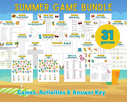 A promotional image showcasing the "Summer Game Pack" from Wondermom Shop, featuring 31 educational games, activities, and answer keys. The image depicts a variety of printable summer-themed game sheets set against a lively seasonal backdrop.