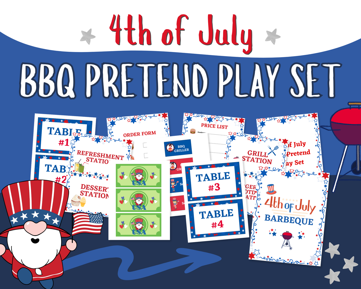 Celebrate the 4th with Wondermom Shop’s 4th of July BBQ Pretend Play Set—includes printable signs, order forms, price lists, and table numbers in red, white & blue for festive imaginative play!.