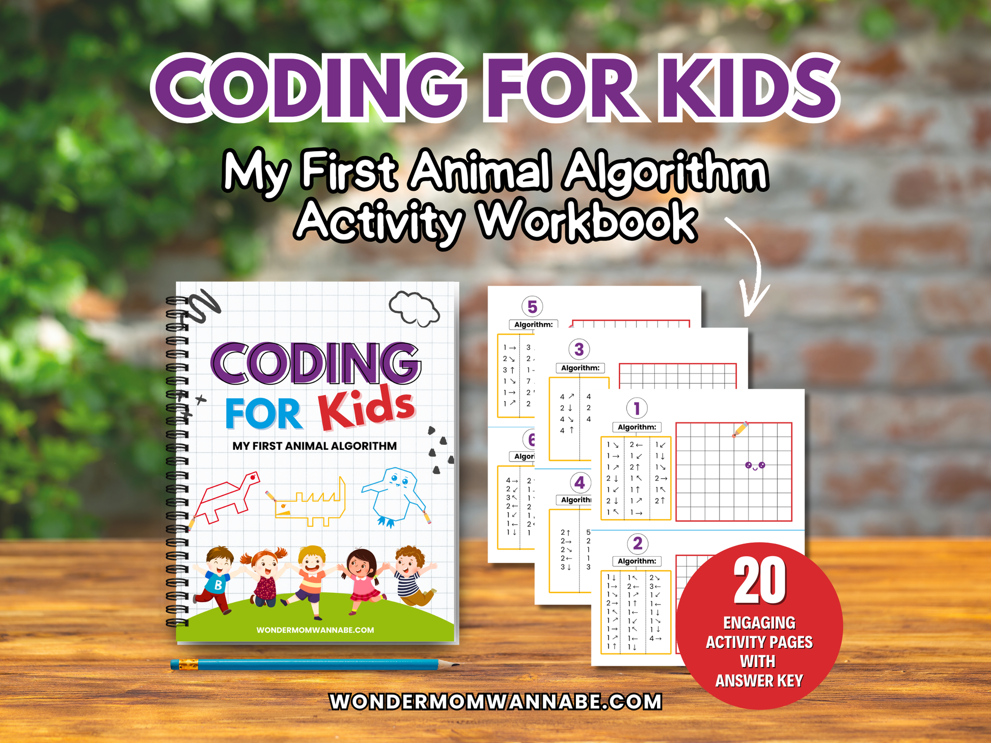 Coding for Kids workbook mockup featuring 20 fun algorithm activity pages with answer key.