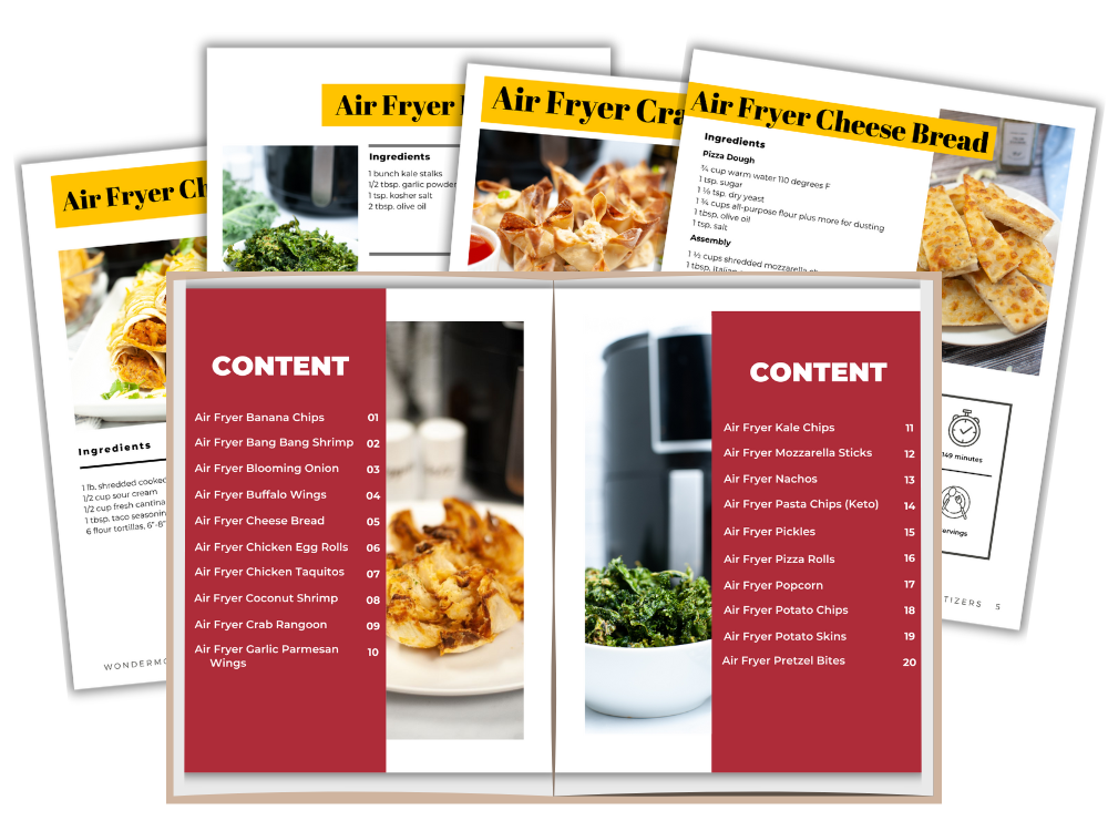 The Family Favorite Air Fryer Appetizers Digital Cookbook by Wondermom Shop features an array of air fryer recipes, such as "Air Fryer Cheese Bread," with content pages efficiently listing numerous appetizers and page numbers.