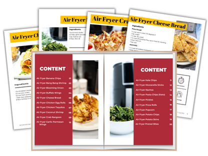 The Family Favorite Air Fryer Appetizers Digital Cookbook by Wondermom Shop features an array of air fryer recipes, such as "Air Fryer Cheese Bread," with content pages efficiently listing numerous appetizers and page numbers.