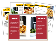 Load image into Gallery viewer, The Family Favorite Air Fryer Appetizers Digital Cookbook by Wondermom Shop features an array of air fryer recipes, such as &quot;Air Fryer Cheese Bread,&quot; with content pages efficiently listing numerous appetizers and page numbers.
