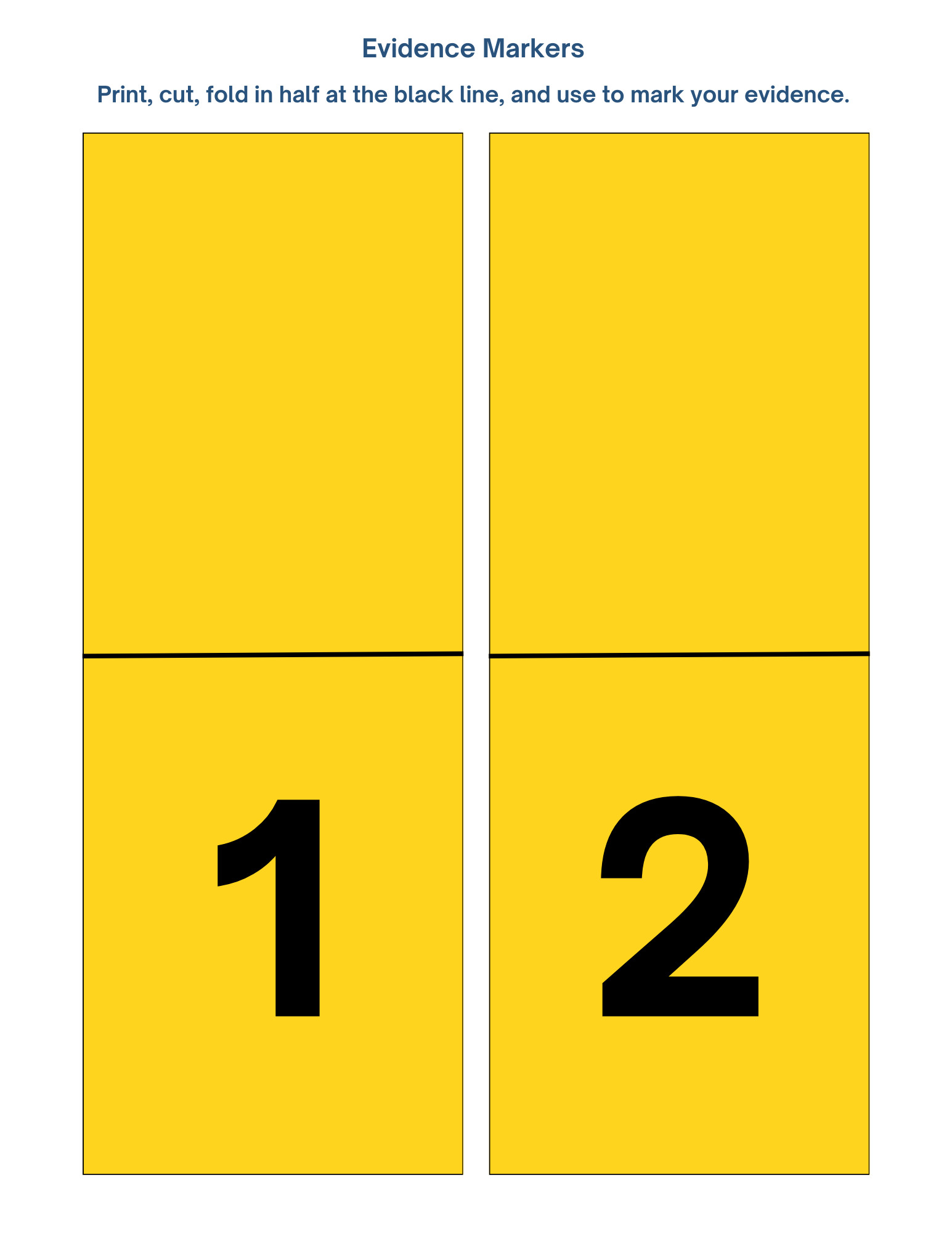 Yellow evidence markers labeled 1 and 2, featuring a black cutting line, ideal for your Wondermom Shop Police Station Pretend Play setup.