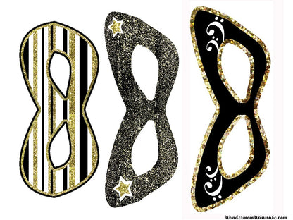 Three black and gold masks for a printable VIP Vault New Year’s Eve Party Planning Kit on a white background.