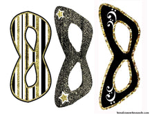 Load image into Gallery viewer, Three black and gold masks for a printable VIP Vault New Year’s Eve Party Planning Kit on a white background.
