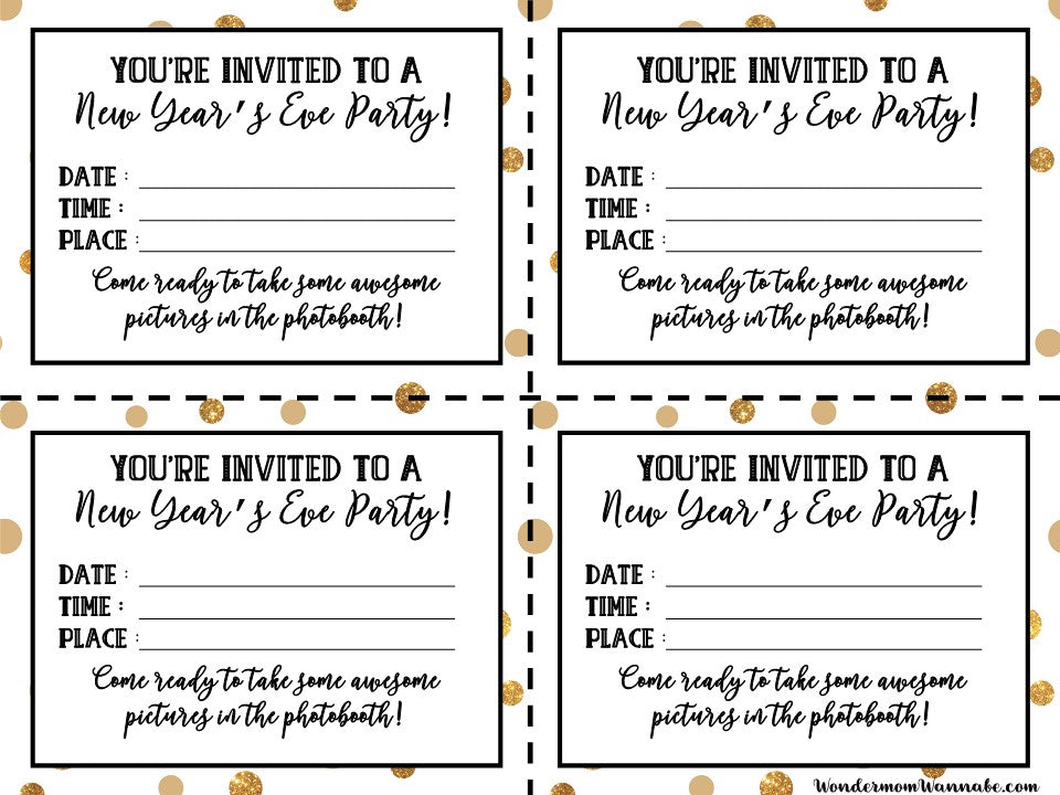 Printable VIP Vault New Year's Eve party invitations with gold polka dots.