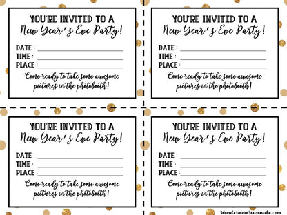 Printable VIP Vault New Year's Eve party invitations with gold polka dots.