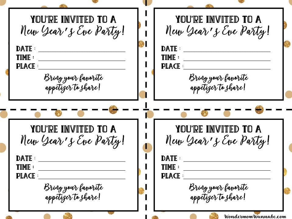 Printable VIP Vault New Year's Eve party invitations with gold polka dots.