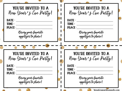 Printable VIP Vault New Year's Eve party invitations with gold polka dots.