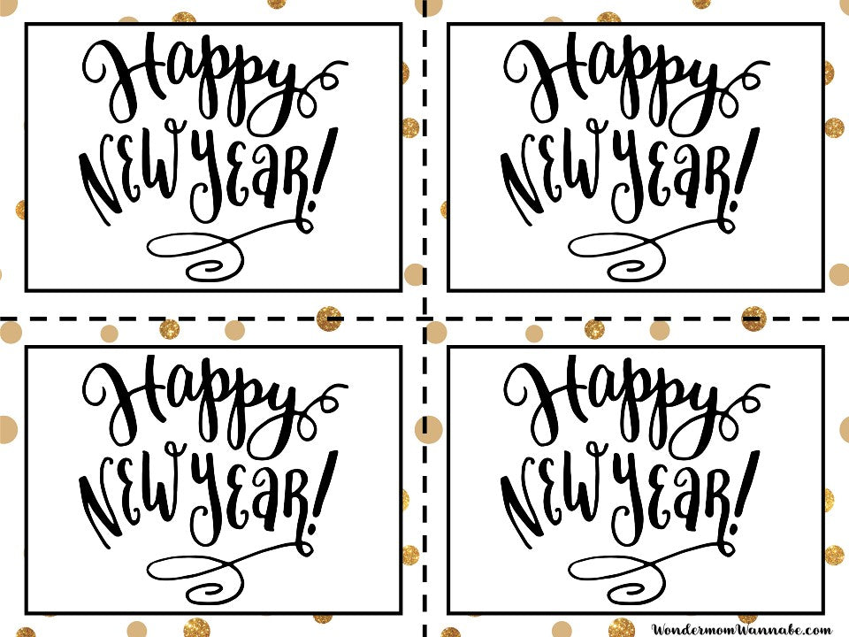Printable happy new year cards with gold polka dots for your VIP Vault New Year’s Eve Party Planning Kit.