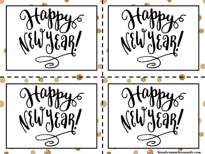 Printable happy new year cards with gold polka dots for your VIP Vault New Year’s Eve Party Planning Kit.