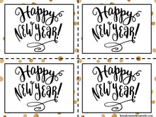Load image into Gallery viewer, Printable happy new year cards with gold polka dots for your VIP Vault New Year’s Eve Party Planning Kit.

