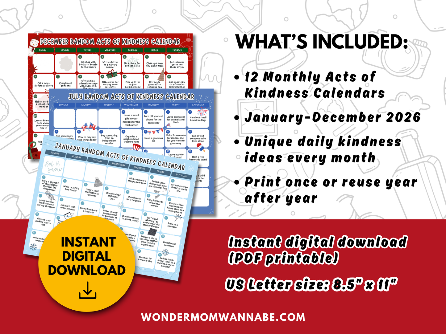 2026 Monthly Acts of Kindness Calendars
