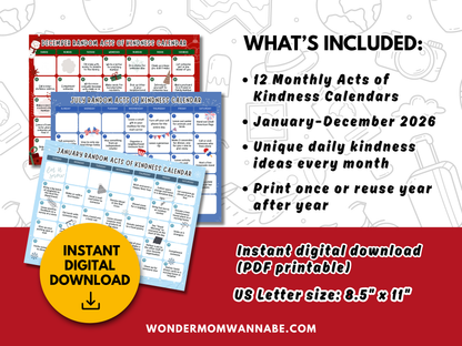 2026 Monthly Acts of Kindness Calendars