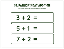 Load image into Gallery viewer, The Wondermom Shop&#39;s St. Patrick’s Day Activity Pages offer a fun, printable math worksheet with three addition problems—3+2, 5+1, and 7+2—to engage kids in festive educational fun.
