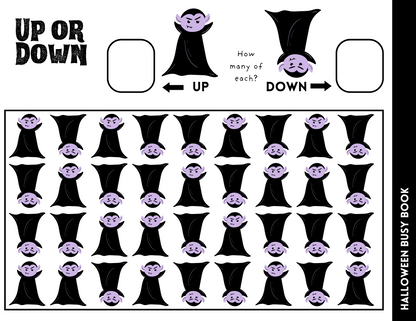 The Halloween Busy Book from Wondermom Shop features a page with cartoon vampires, oriented both upwards and downwards. This engaging Halloween-themed activity prompts kids with "How many of each?", seamlessly combining fun and educational play.