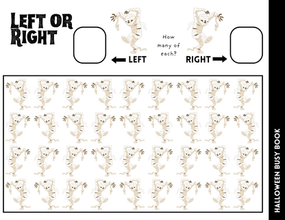 Explore our Halloween-themed activity page, inspired by the Halloween Busy Book for Kids from Wondermom Shop, featuring animated mummies that face either left or right. The instructions promote learning through play by counting how many face each direction, with interactive boxes labeled "Left" and "Right" for your answers.