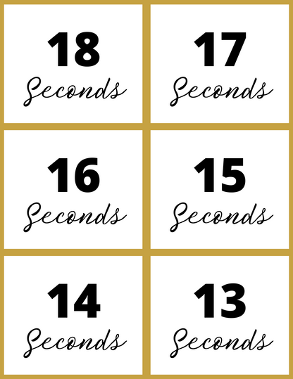 Countdown from 18 to 13 seconds shown on six tiles, each featuring a number and the word "Seconds" in cursive. The Wondermom Shop's New Year Countdown Kit adds excitement to any countdown board with its interactive printable design.