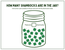 Load image into Gallery viewer, The St. Patrick’s Day Activity Pages by Wondermom Shop feature a jar illustration filled with green shamrocks, ideal for festive activities. Kids can guess &quot;How many shamrocks are in the jar?&quot; and write the answer in a provided box, offering a fun and educational game experience.

