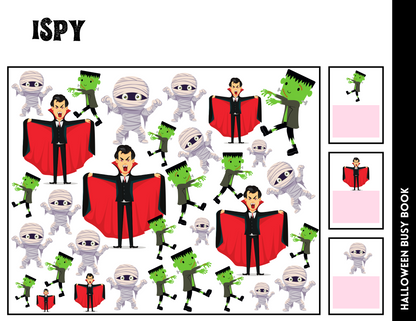 An illustration featuring mummies, vampires, and Frankenstein's monster against a white background perfectly complements the engaging Halloween-themed activities in the Halloween Busy Book for Kids by Wondermom Shop.