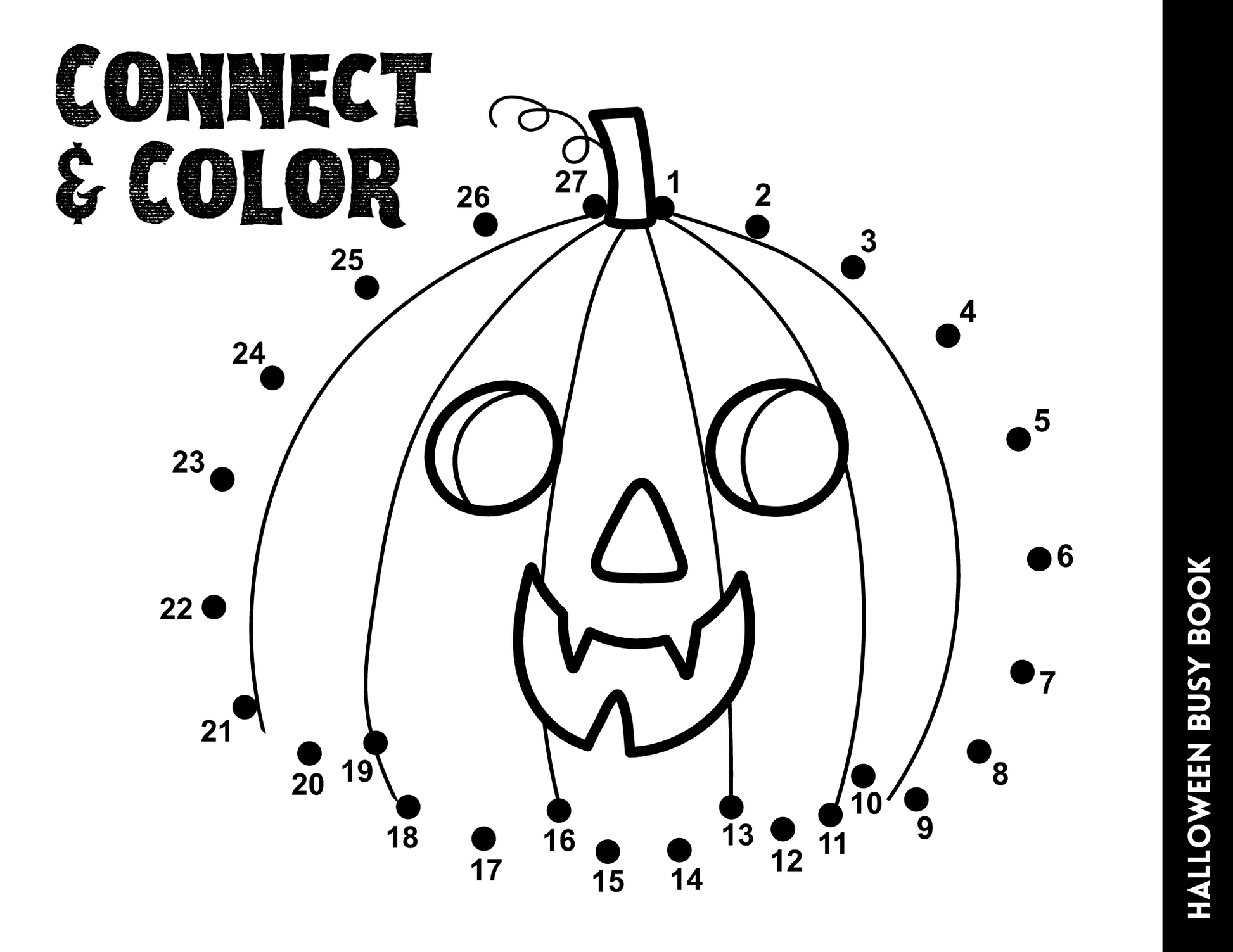 Explore the *Halloween Busy Book for Kids* by Wondermom Shop and enjoy a thrilling connect-the-dots activity. Connect numbers 1 to 27 to unveil a pumpkin with a jack-o'-lantern face, offering a delightful way to learn and play with Halloween-themed activities.
