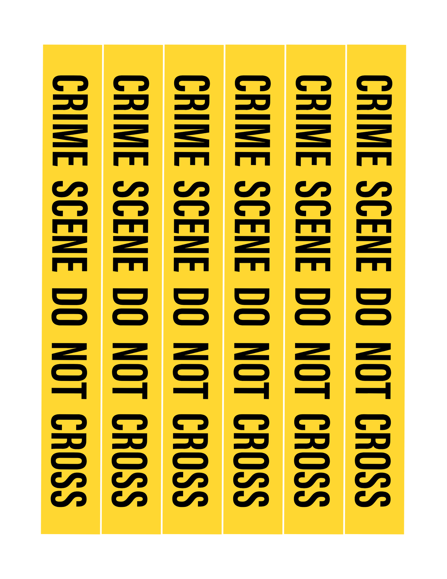 Six vertical strips of yellow "Crime Scene Do Not Cross" tape are featured, ideal for pretend play scenarios where young ones can use the Police Station Pretend Play set by Wondermom Shop to create their own police station setup.