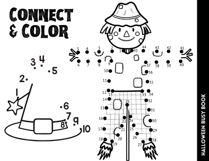 Delight in a Halloween-themed activity page from our "Halloween Busy Book for Kids" by Wondermom Shop, highlighting a scarecrow and a witch hat. Enjoy an enchanting connect-the-dots and coloring adventure with numbered dots.