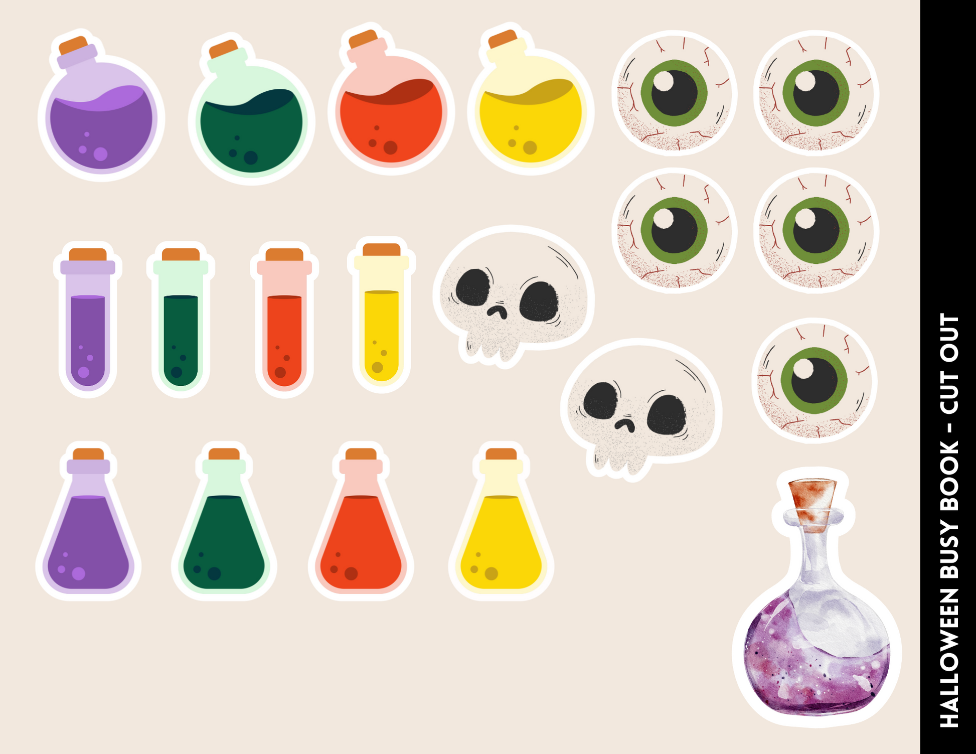 Enjoy engaging Halloween-themed activities and promote social-emotional learning with Wondermom Shop's "Halloween Busy Book for Kids." This set includes colorful stickers of potion bottles, two skulls, four pairs of cartoon eyeballs, and a text strip reading "Cut Out.